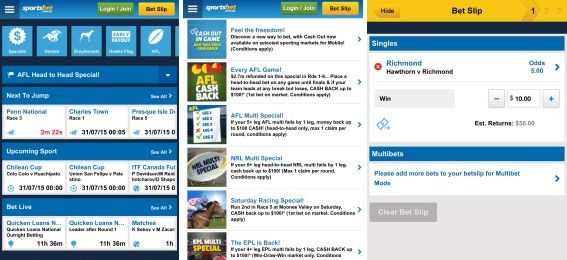 Screenshots for both Android and iOS versions of the Sportbets mobile app!